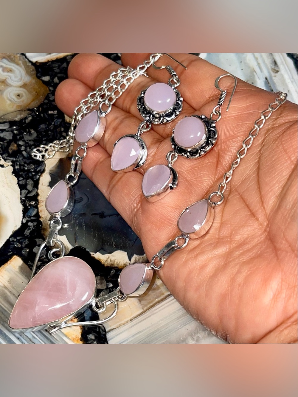Beautiful Set of Rose Quartz & Pink Chalcedony Necklace & Earrings